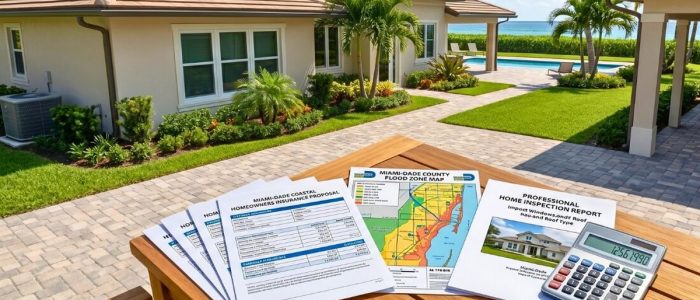 Oil painting of luxury home with tropical flowers and palm trees under blue sky, representing Miami-Dade insurance costs