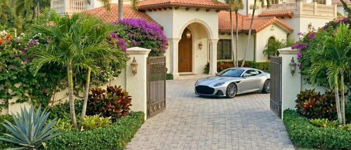 Tree-lined driveway with wrought iron gates and magenta bougainvillea leading to Mediterranean-style home in Coral Gables