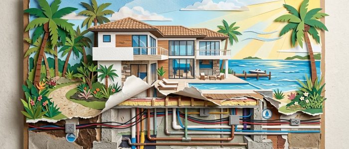 Modern South Florida home inspection reveals concrete steps, cream walls, tropical landscaping, and architectural details...